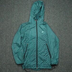 Nike‎ Jacket Womens Small Blue Green Windrunner Grid Print Hooded Windbreaker